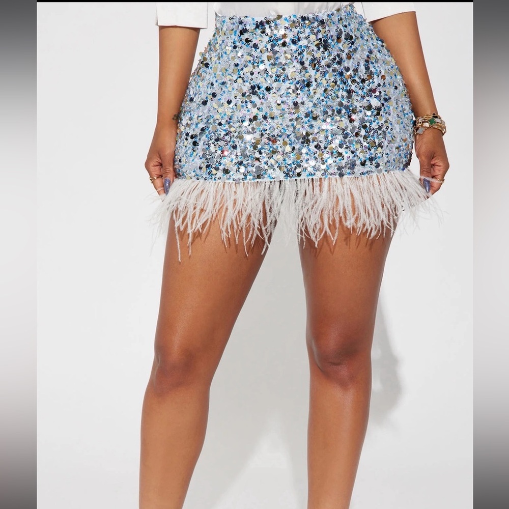Sequin Feather Mini Skirt - Blue and White